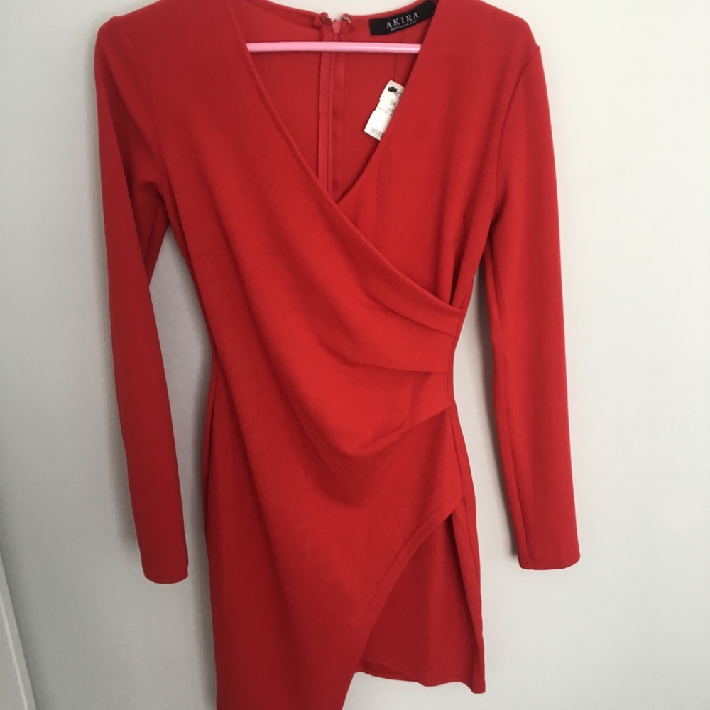Red long sleeve v neck dress
